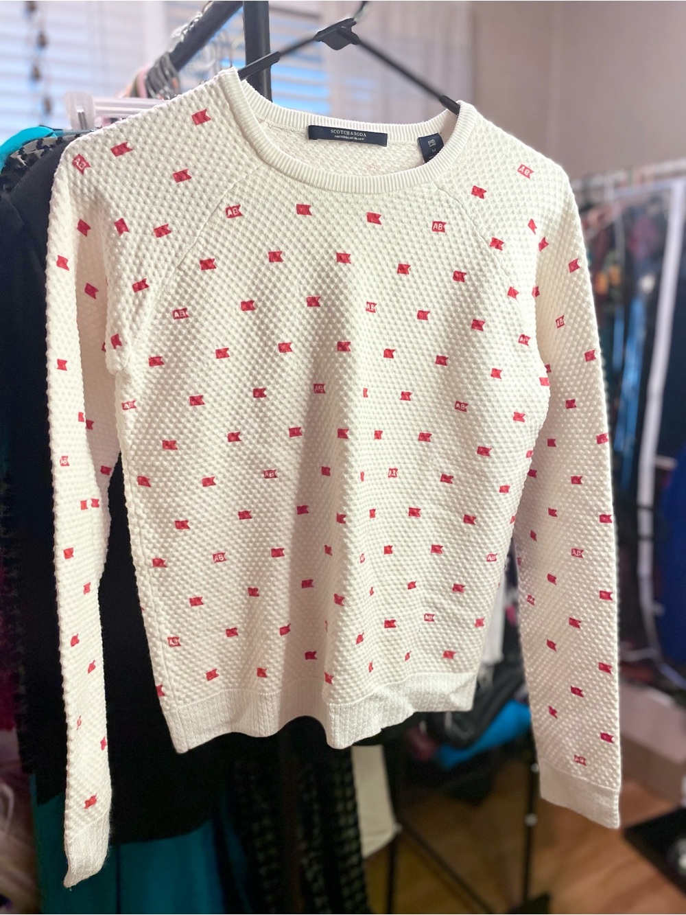 Scotch & Soda Cream Knit Sweater with Red Square Details